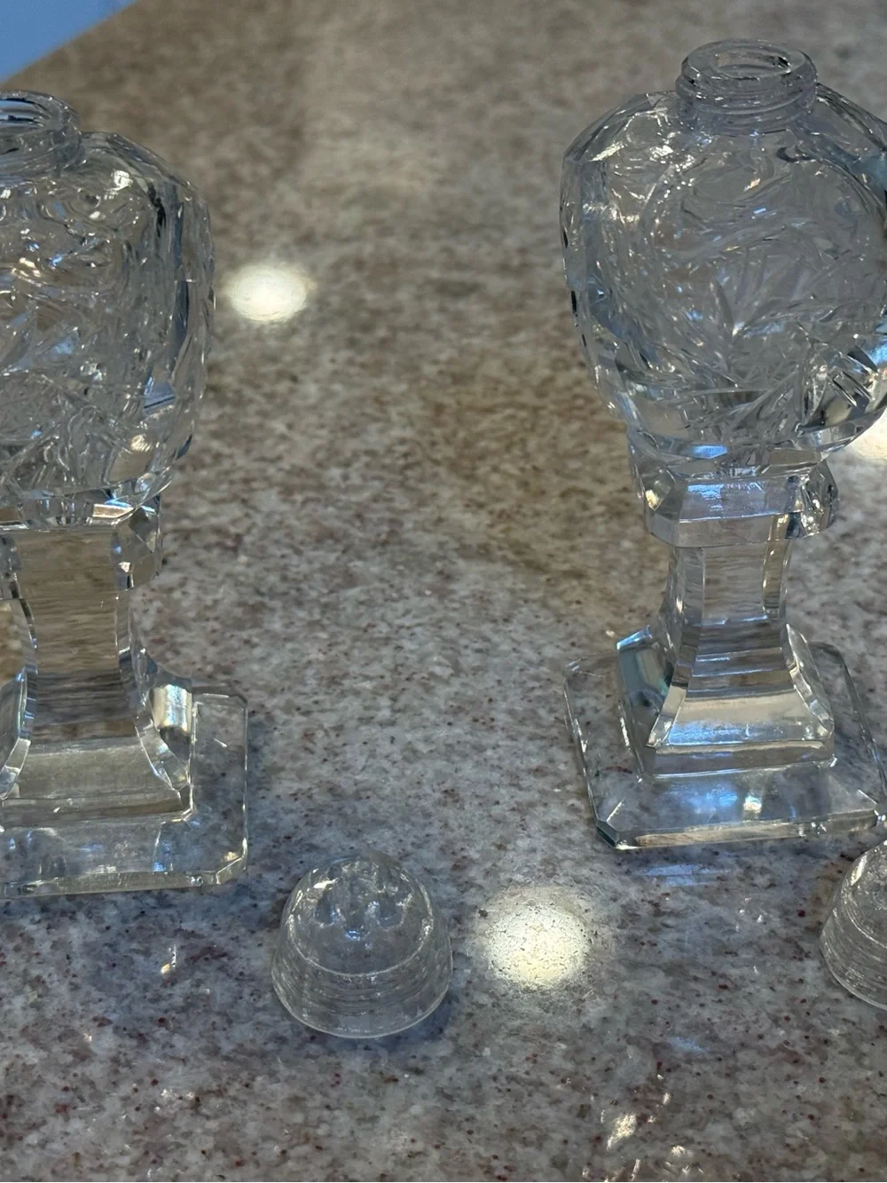 Vintage Cut Crystal Salt and Pepper Shaker Set with Glass tops Clear 5”
